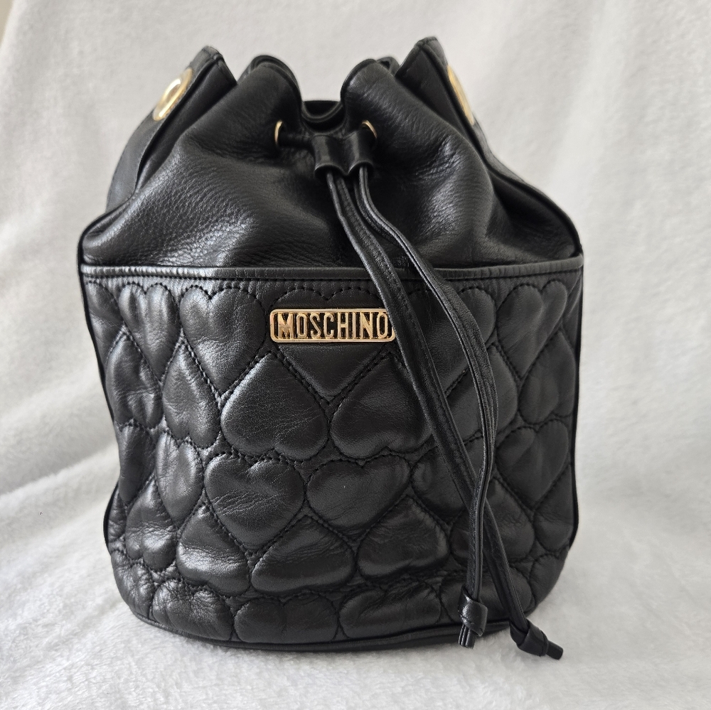 Vintage Moschino Black Heart Quilted Drawstring Bucket Bag Leather No Strap